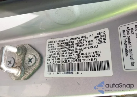 2010 Honda Cr-V Lx z USA, uszkodzony, nr VIN 5J6RE4H32AL092866